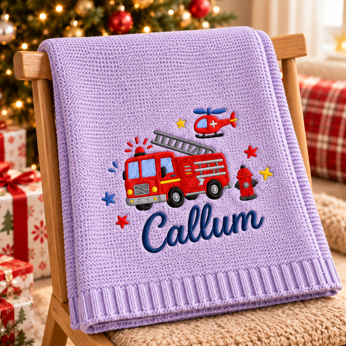 Personalized Fire Truck Baby Blanket | Custom Embroidered Name Knit Keepsake
