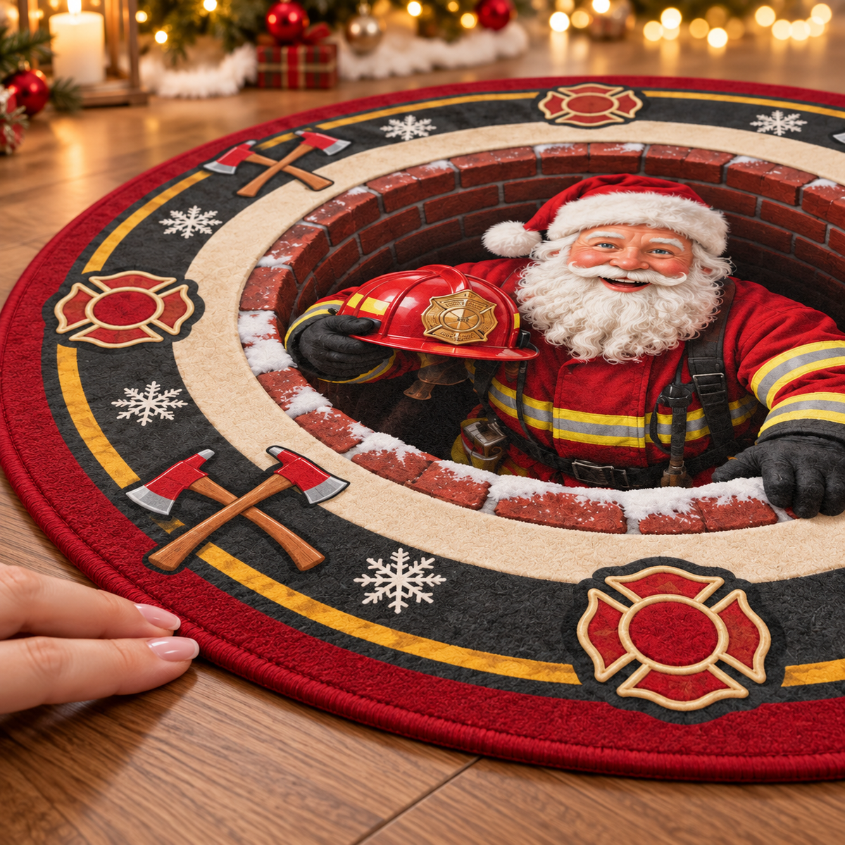 Firefighter Santa 3D Illusion Round Rug - Christmas Firefighter Home Decor