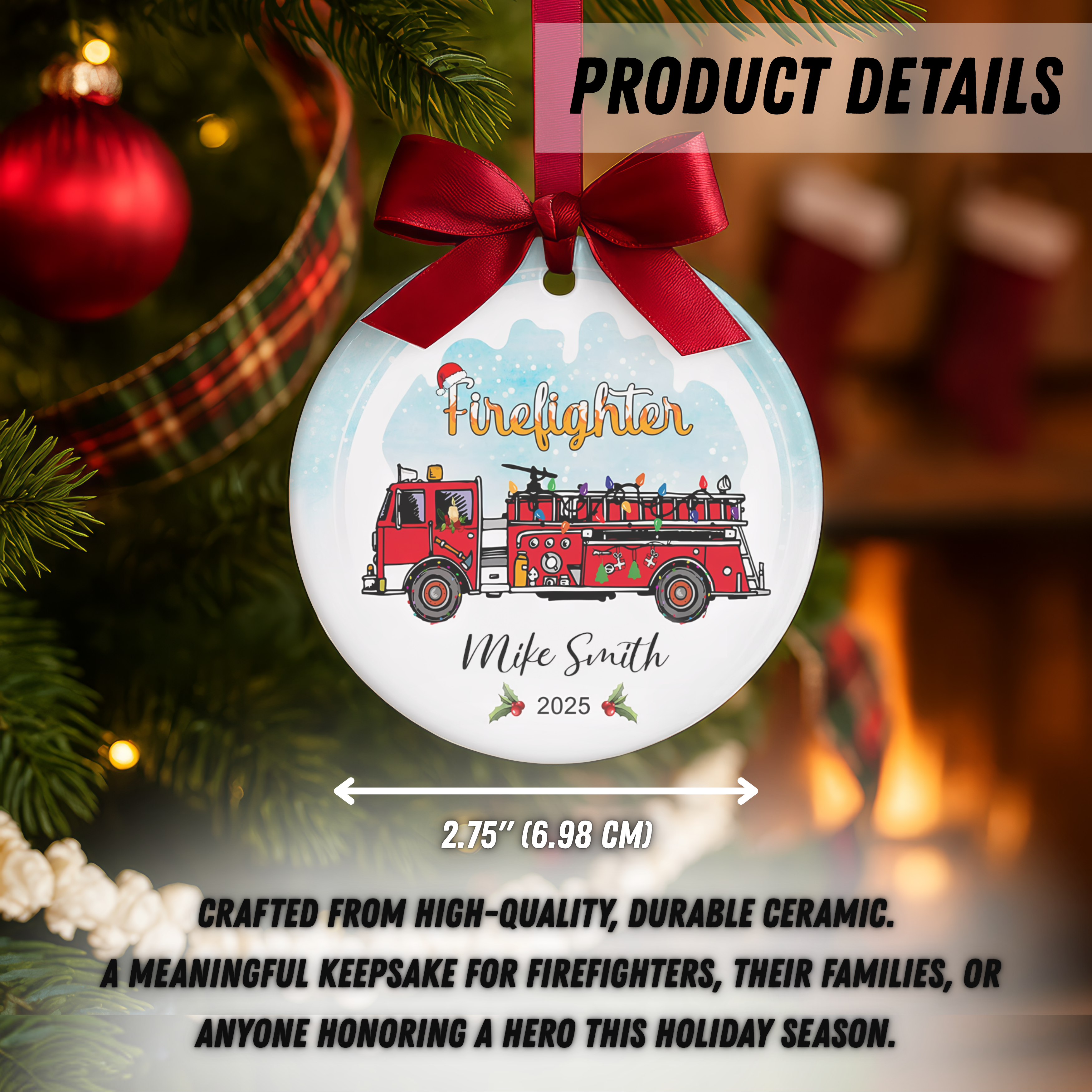 Personalized Firefighter Christmas Ornament 2025 - Custom Fire Truck Holiday Decoration
