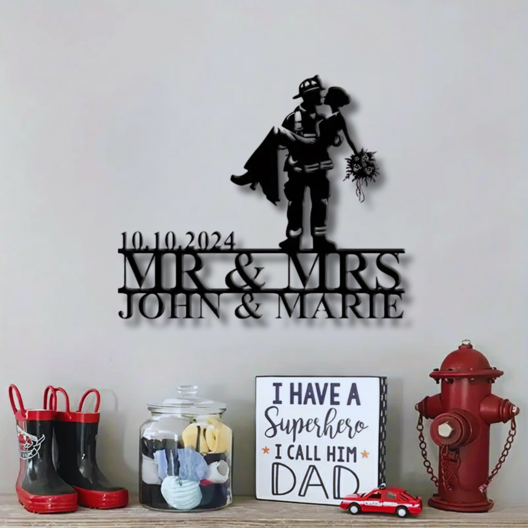 Firefighter Groom Kissing Bride Custom Metal Sign - Personalized Wall Art