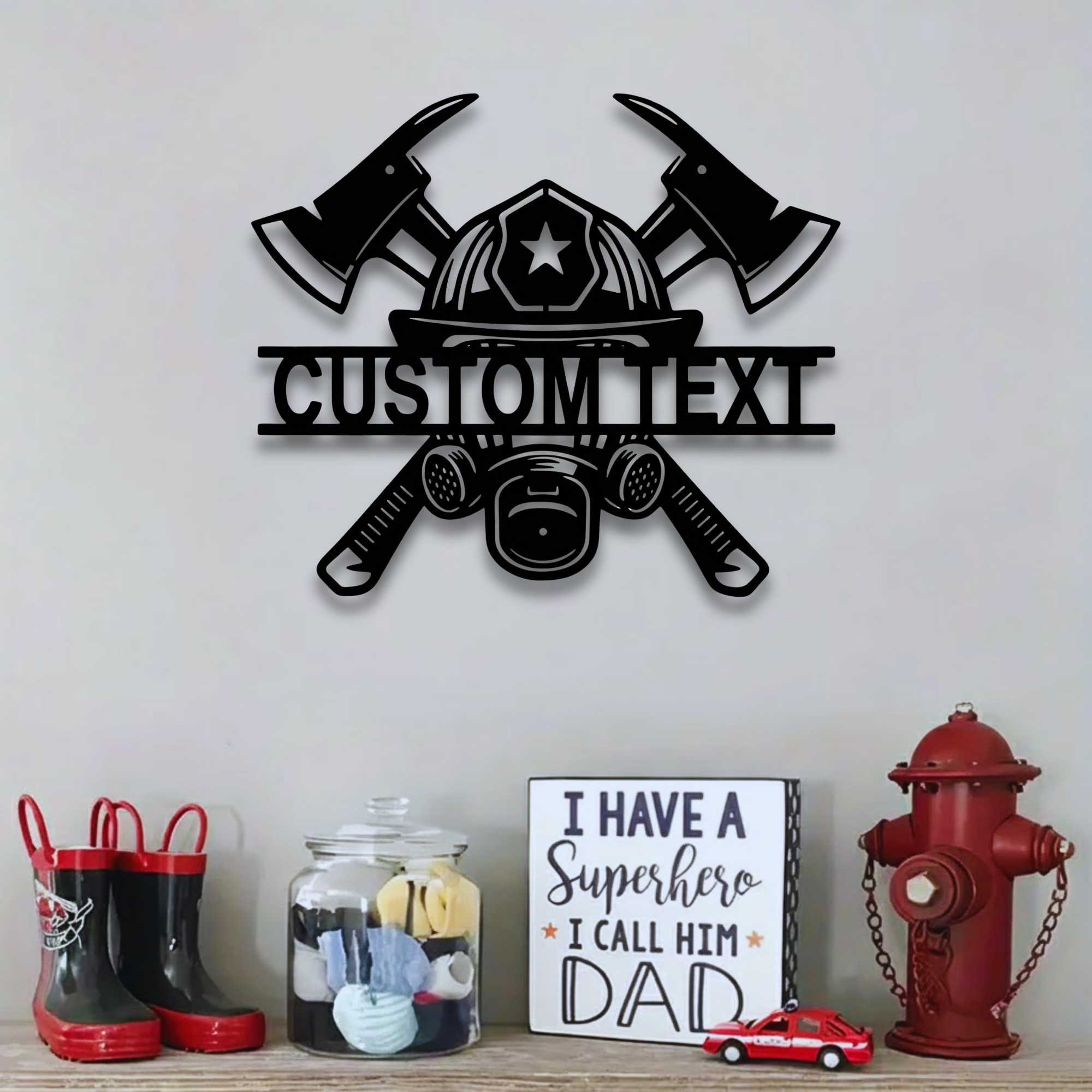 Plaque métallique personnalisée avec masque de pompier et haches croisées - Décoration murale personnalisée