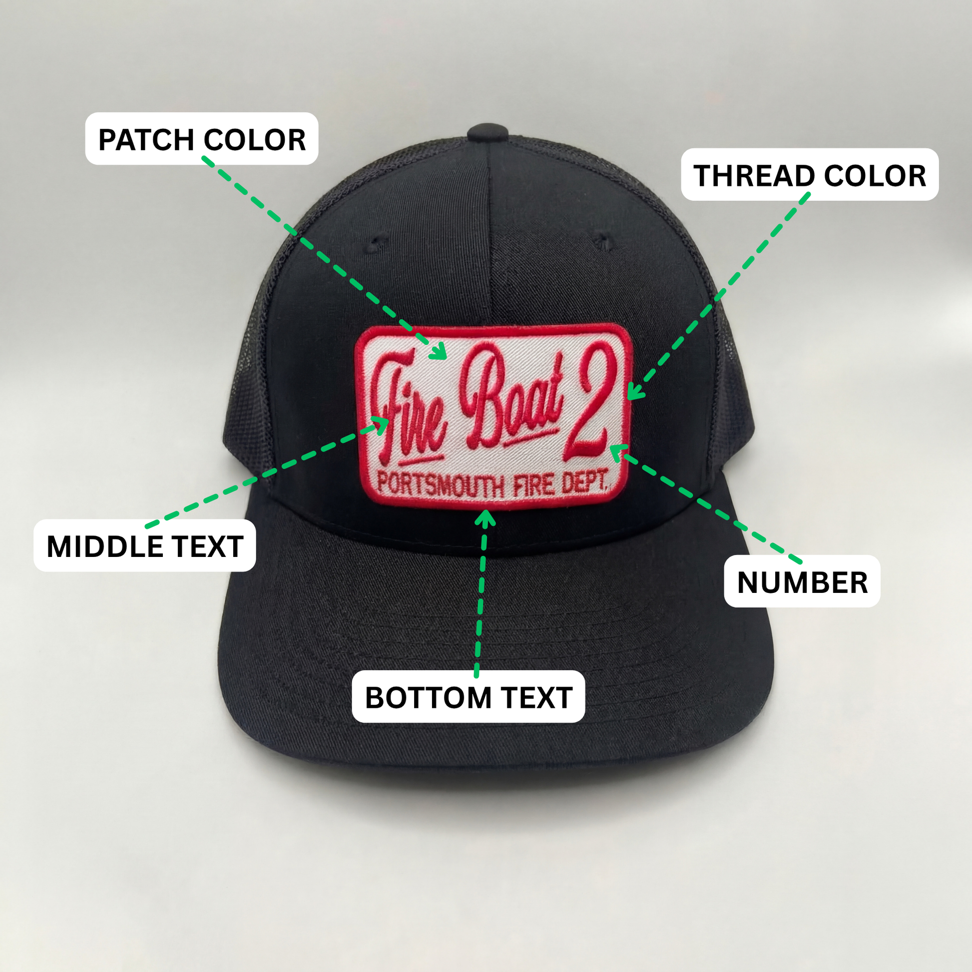Custom fire department hat with personalized embroidery and adjustable snapback