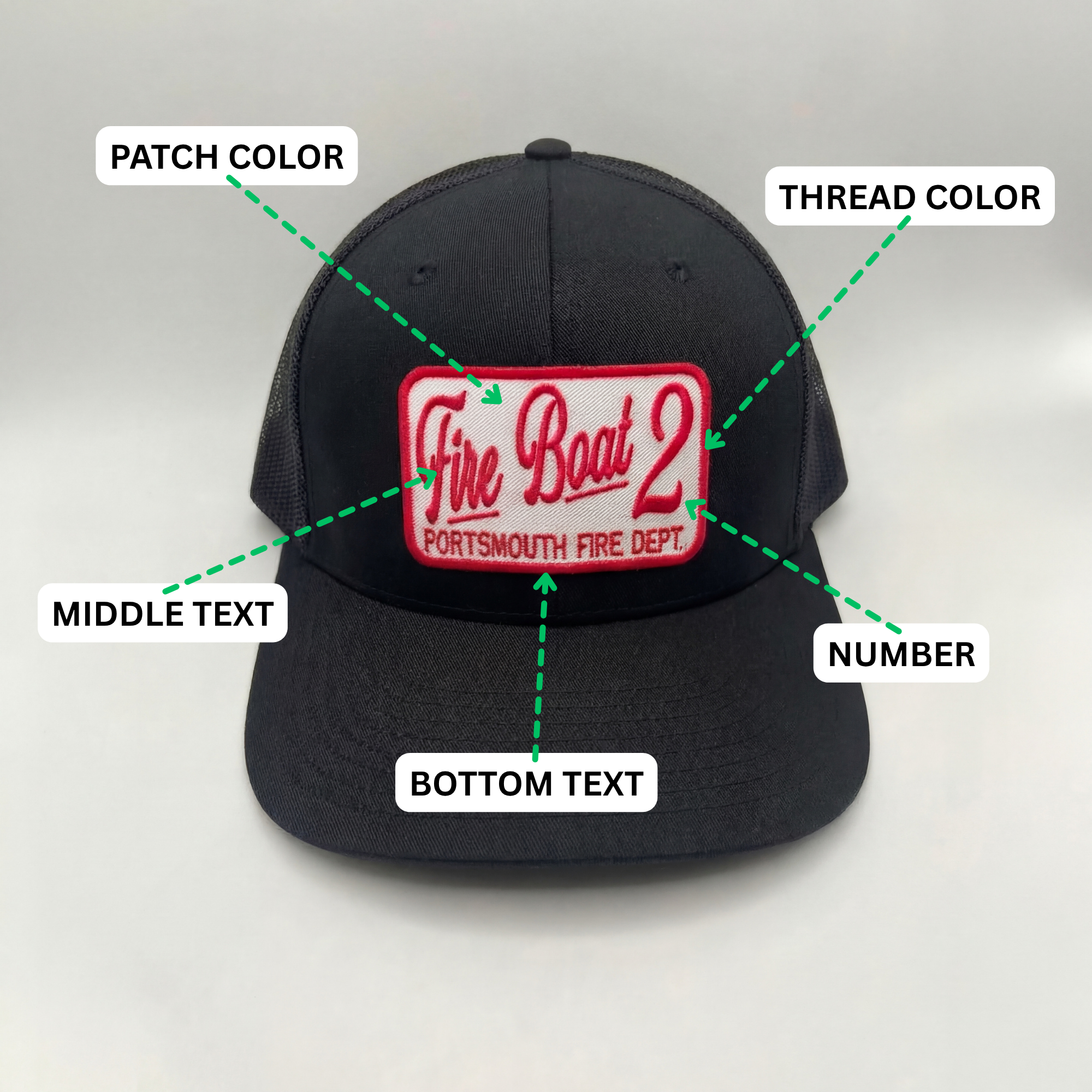Custom fire department hat with personalized embroidery and adjustable snapback