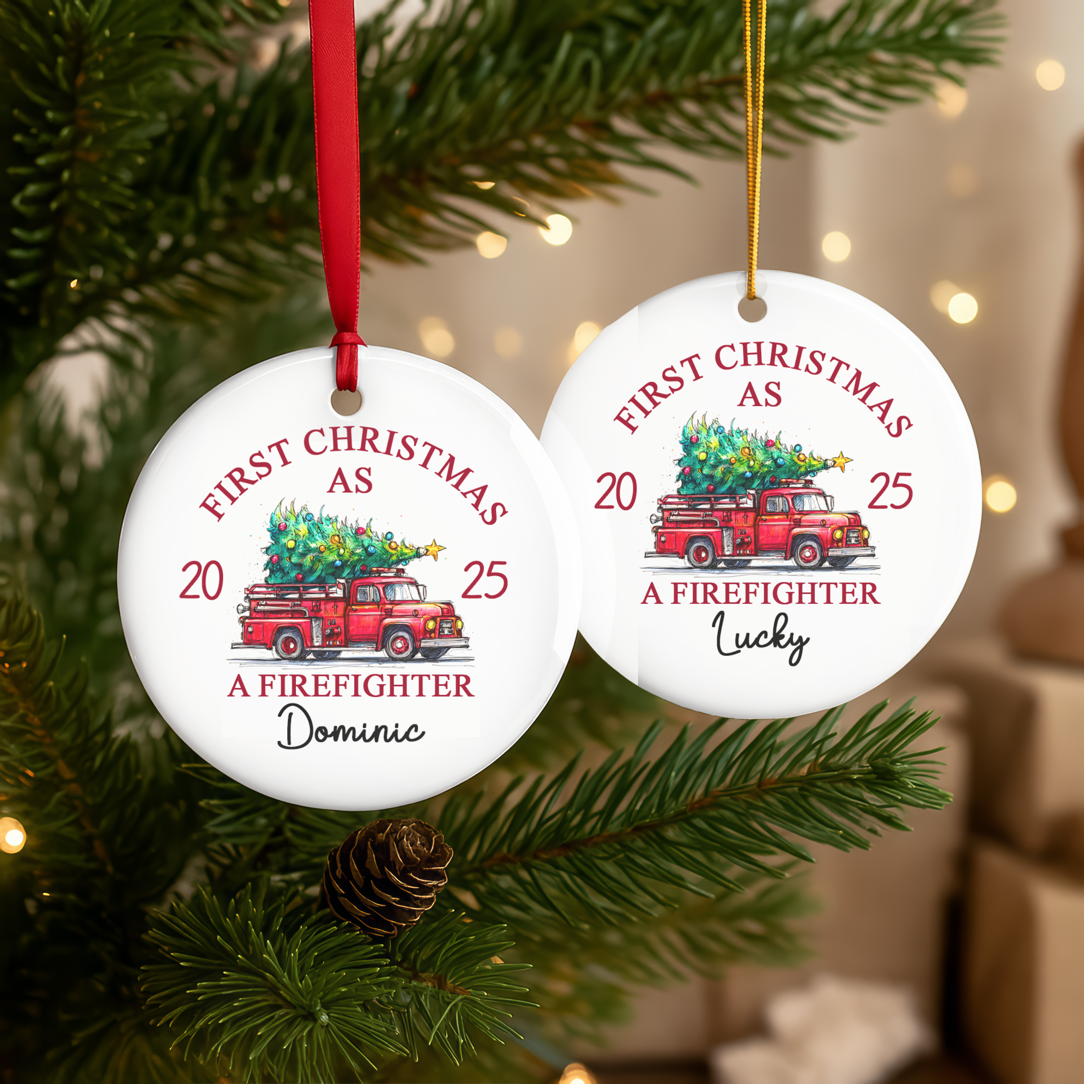 Personalized First Christmas as Firefighter Ornament - Custom Name Fire Truck