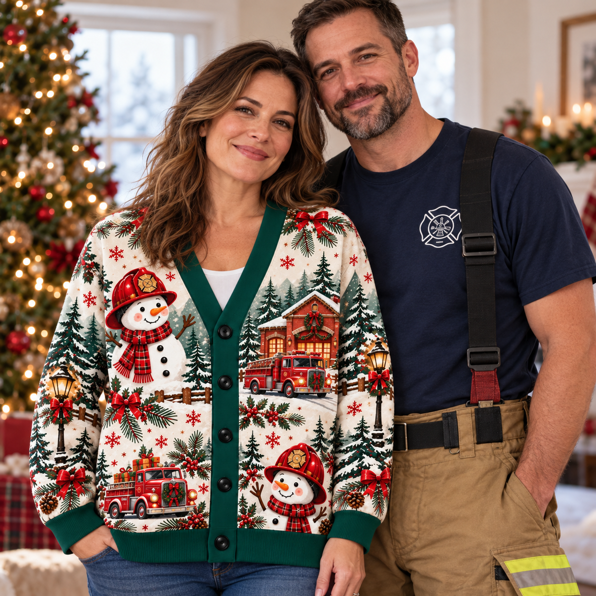 Firefighter Snowman Christmas Cardigan – Holiday Fire Truck V-Neck Sweater