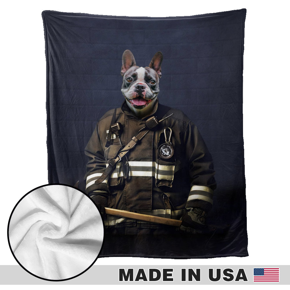 Couverture personnalisée avec photo d'animal de compagnie et portrait de pompier - Style studio