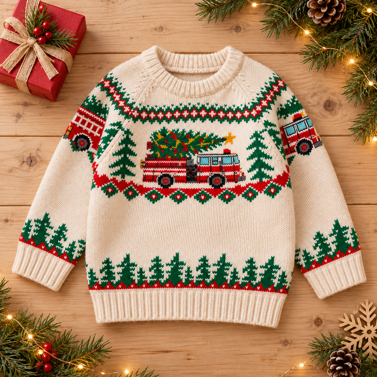 Kids Fire Truck Christmas Sweater – Fair Isle Knit Pullover for Boys & Girls