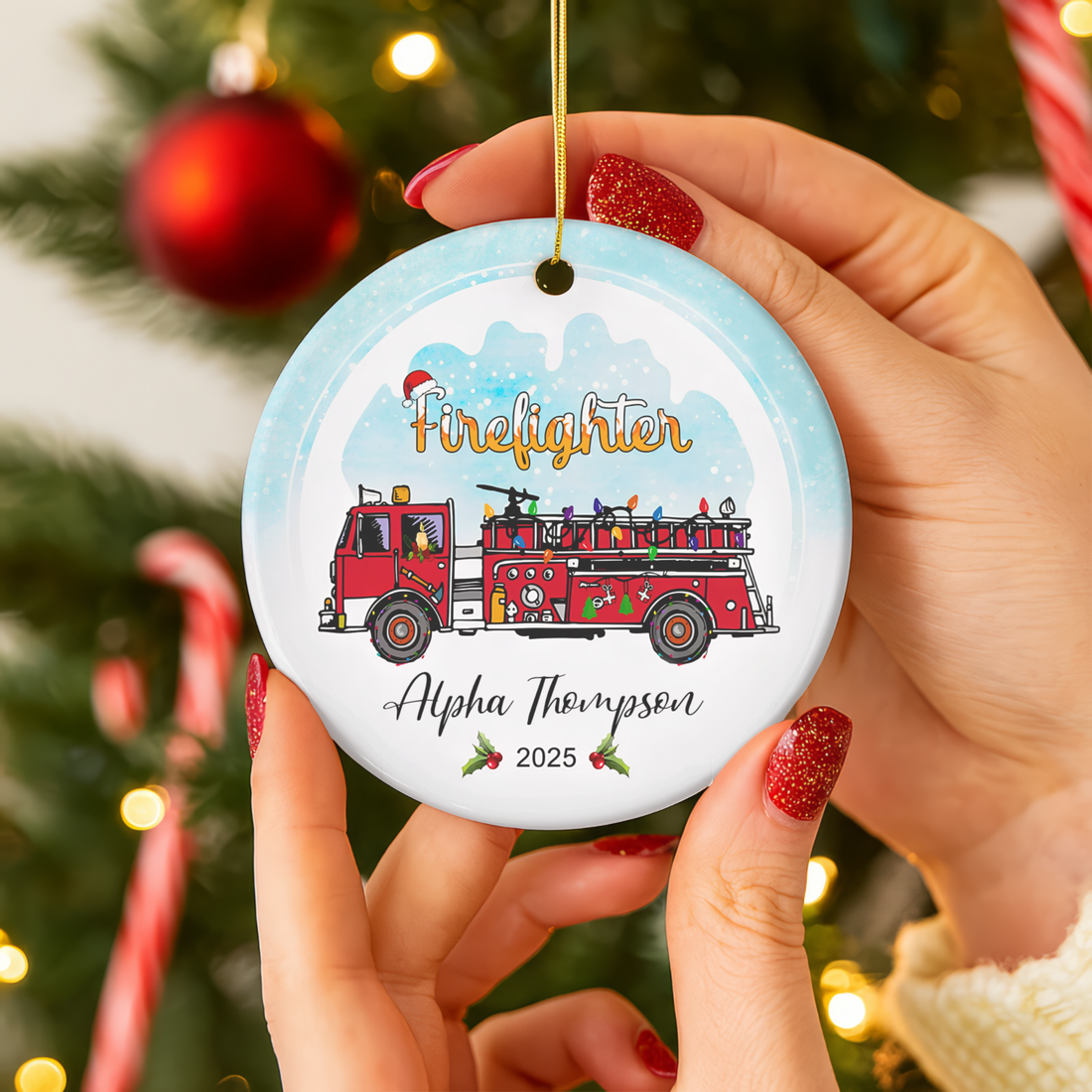 Personalized Firefighter Christmas Ornament 2025 - Custom Fire Truck Holiday Decoration