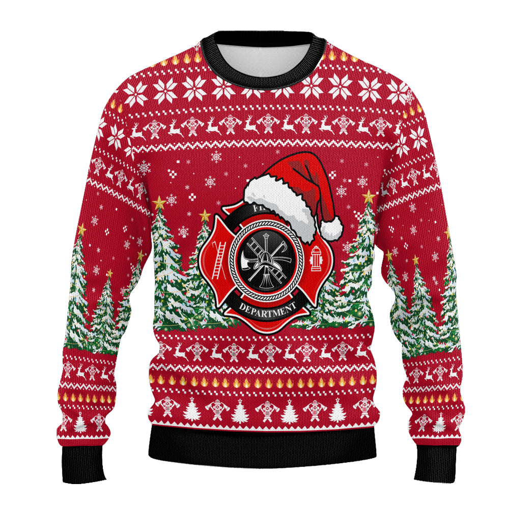 Firefighter Christmas Ugly Sweater - Santa Hat Fire Department Unisex Holiday Pullover