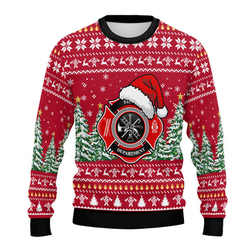 Firefighter Christmas Ugly Sweater - Santa Hat Fire Department Unisex Holiday Pullover
