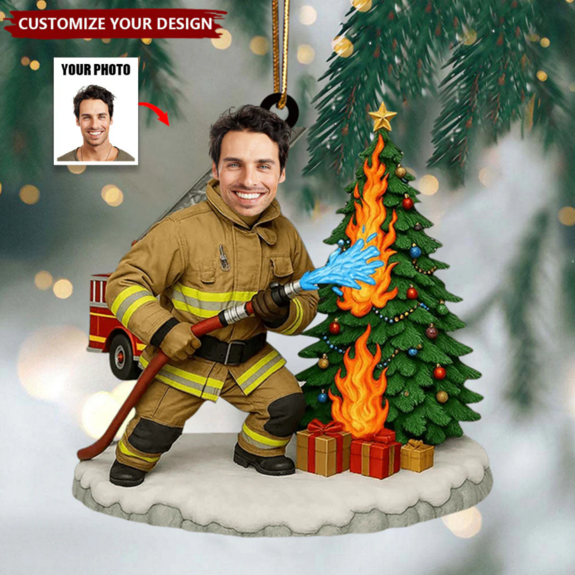Personalized Firefighter Ornament - Custom Face Photo Acrylic