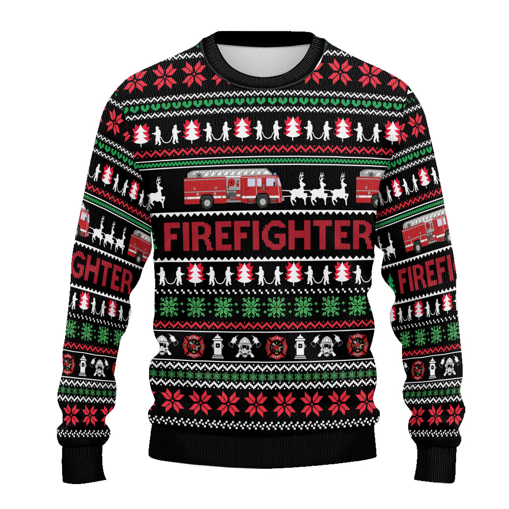 Firefighter Ugly Christmas Sweater - Fire Truck and Deer
