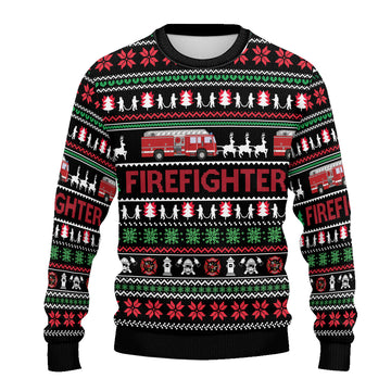 Firefighter Ugly Christmas Sweater - Fire Truck and Deer
