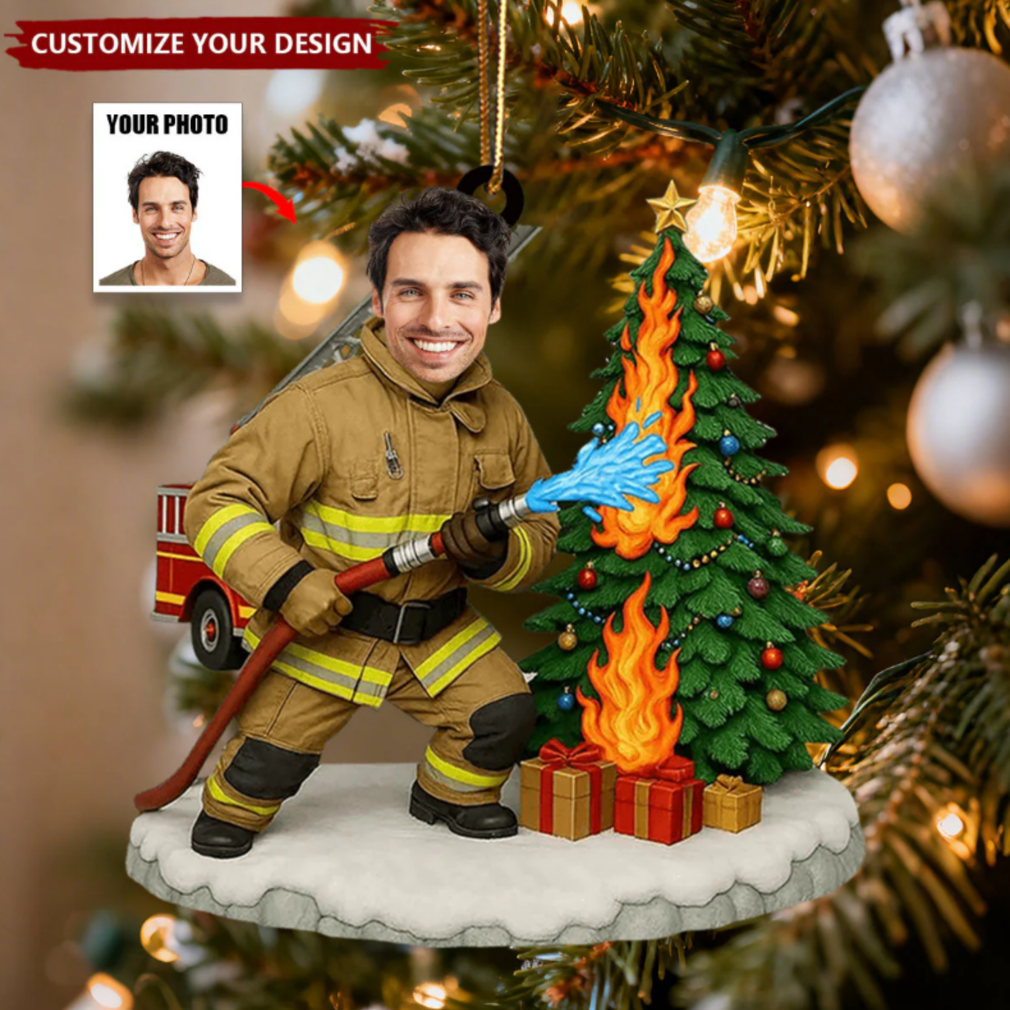 Personalized Firefighter Ornament - Custom Face Photo Acrylic