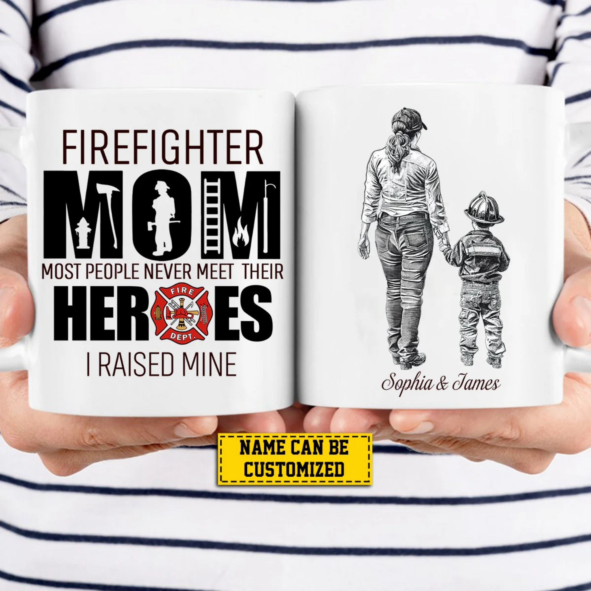 Personalisierte Feuerwehr-Mama-Tasse – Namen von Eltern und Kind 