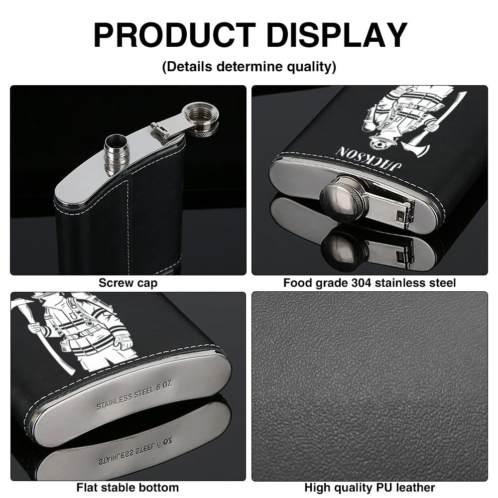 Personalized Firefighter Flask - Custom Name Leather Hip Flask 6oz