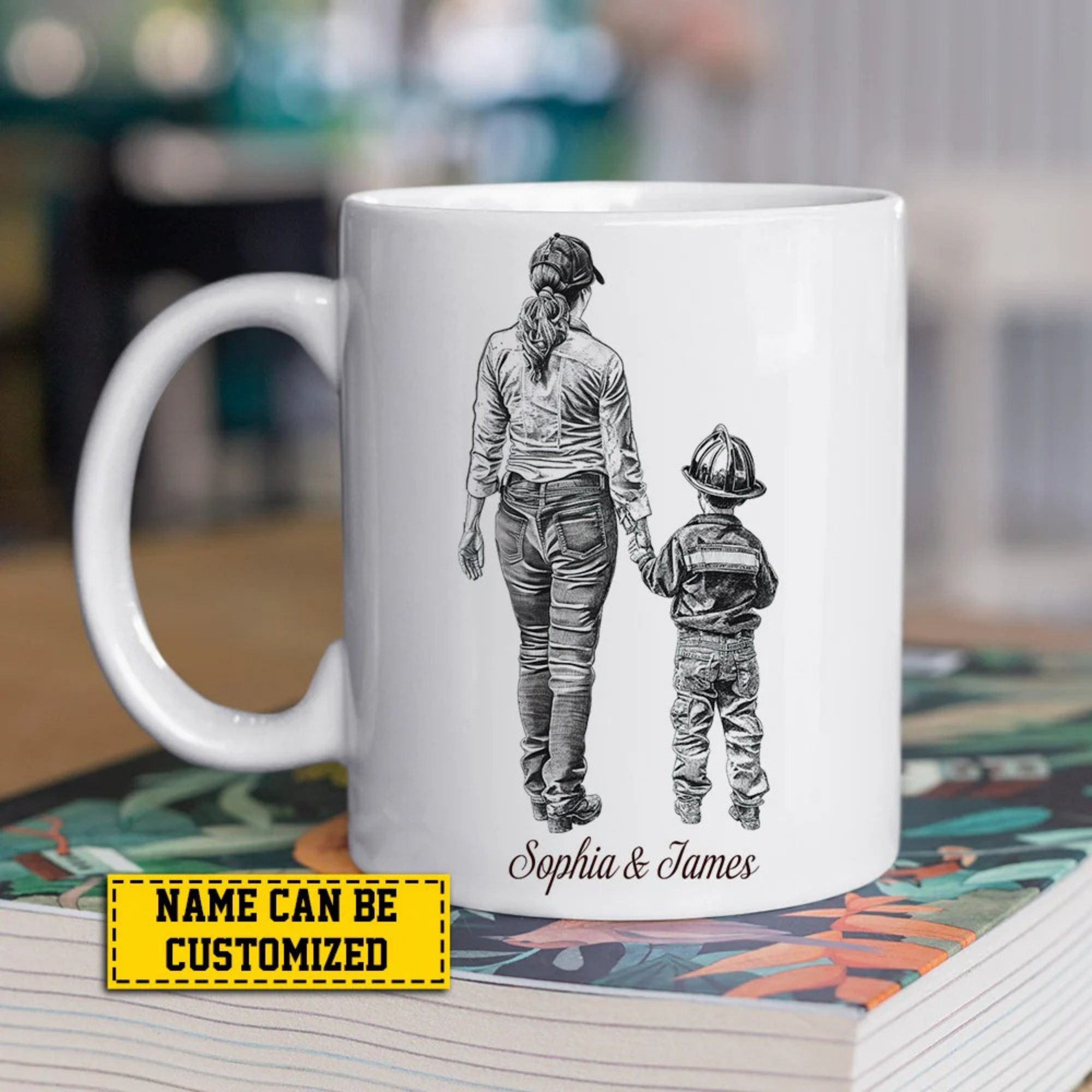 Personalisierte Feuerwehr-Mama-Tasse – Namen von Eltern und Kind 