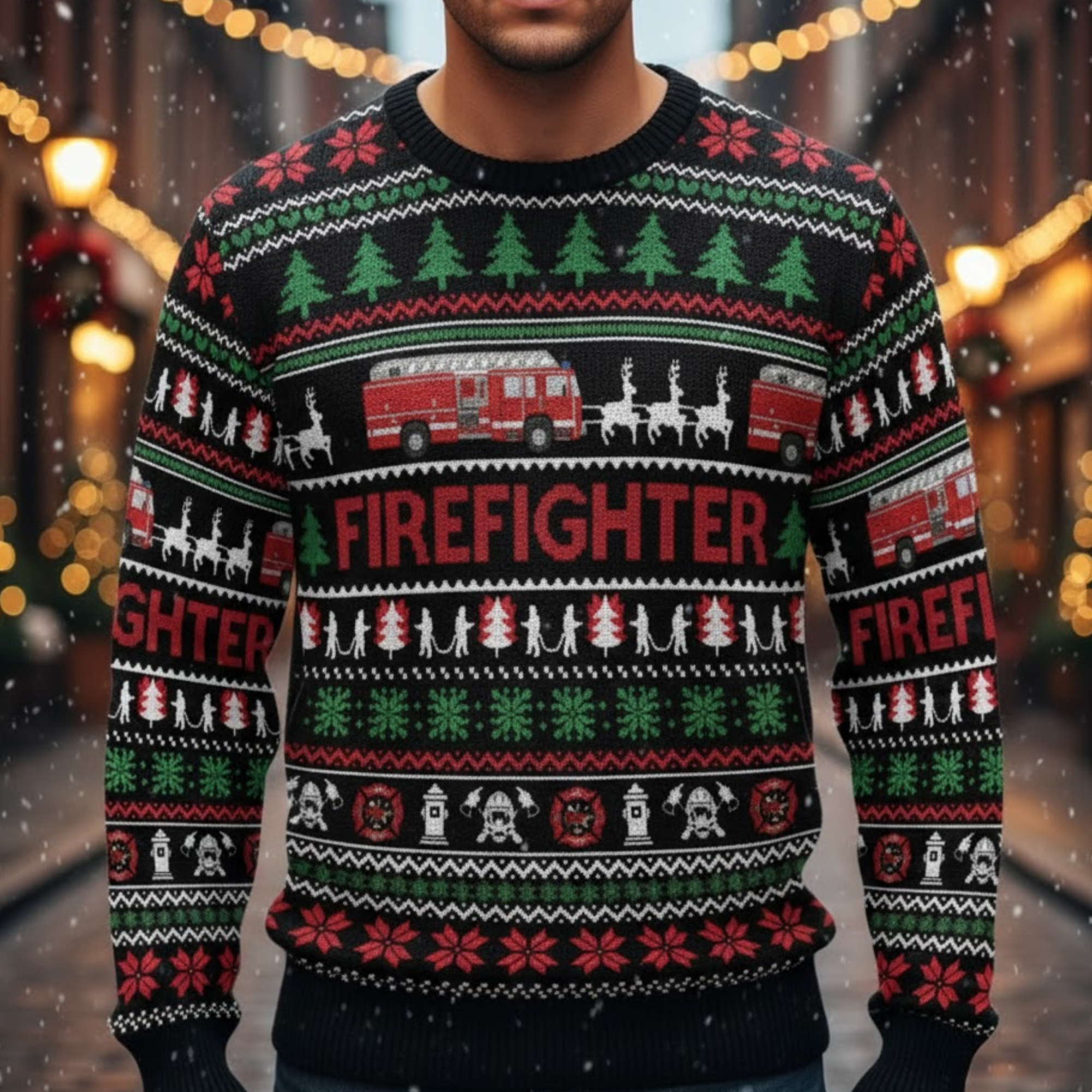 Firefighter Ugly Christmas Sweater - Fire Truck and Deer