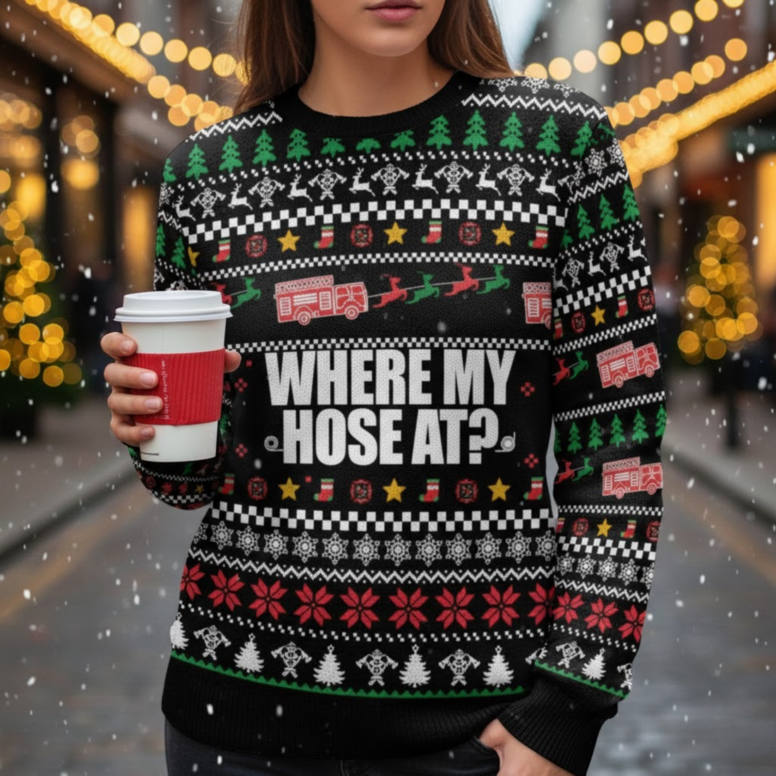 Firefighter Ugly Christmas Sweater - Where My Hose At