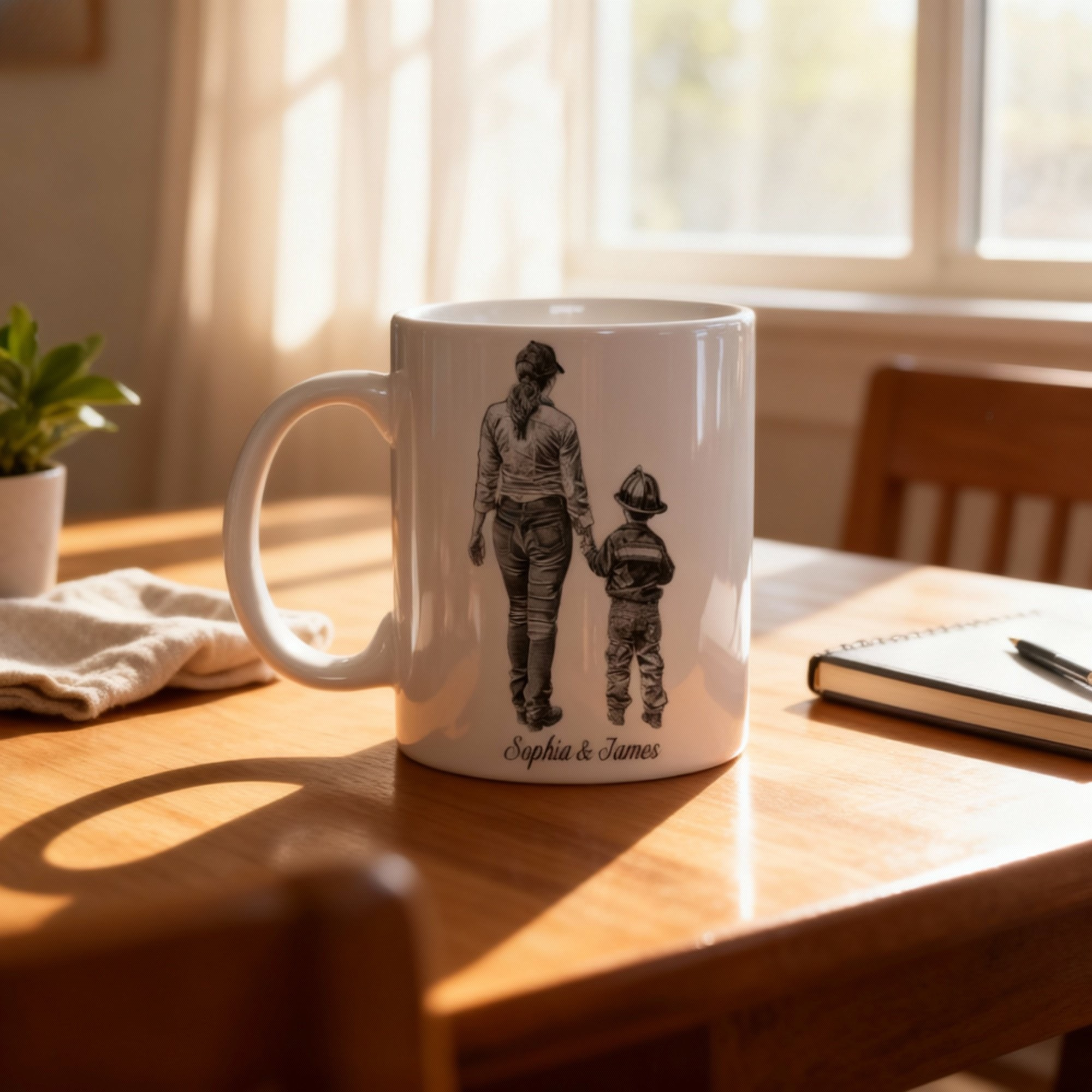 Personalisierte Feuerwehr-Mama-Tasse – Namen von Eltern und Kind 