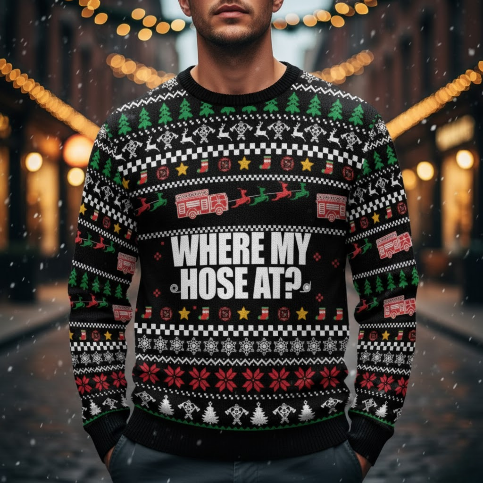 Firefighter Ugly Christmas Sweater - Where My Hose At
