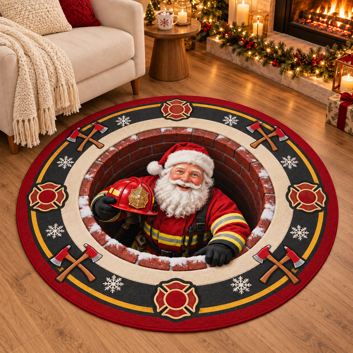 Firefighter Santa 3D Illusion Round Rug - Christmas Firefighter Home Decor