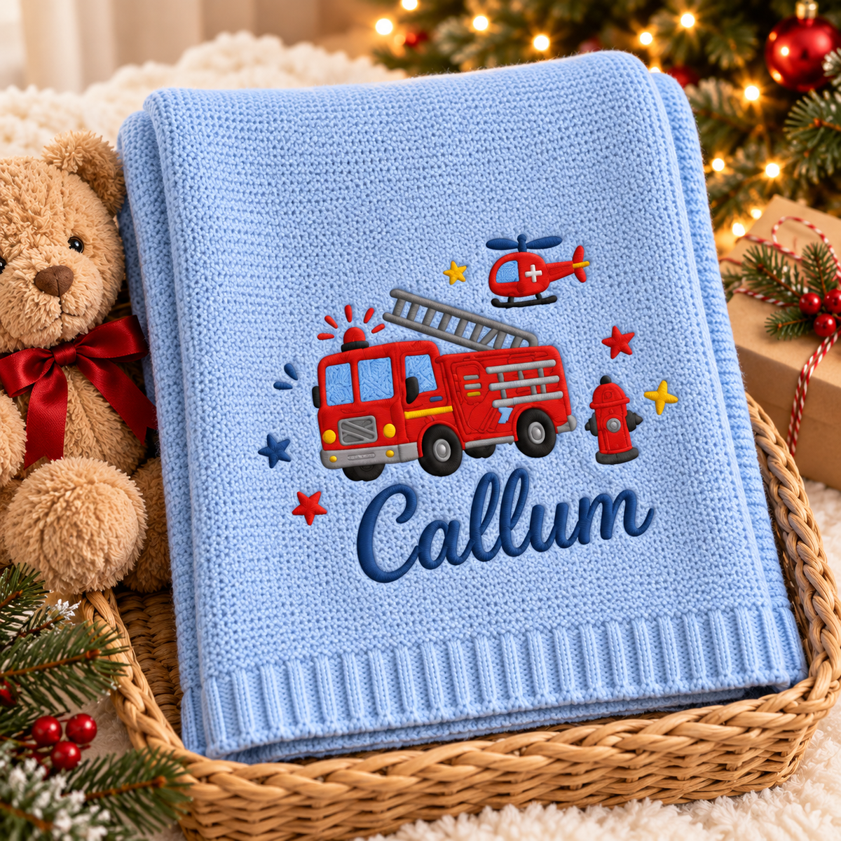 Personalized Fire Truck Baby Blanket | Custom Embroidered Name Knit Keepsake