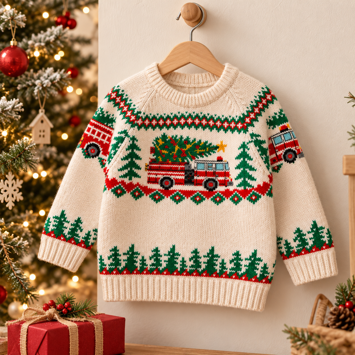 Kids Fire Truck Christmas Sweater – Fair Isle Knit Pullover for Boys & Girls