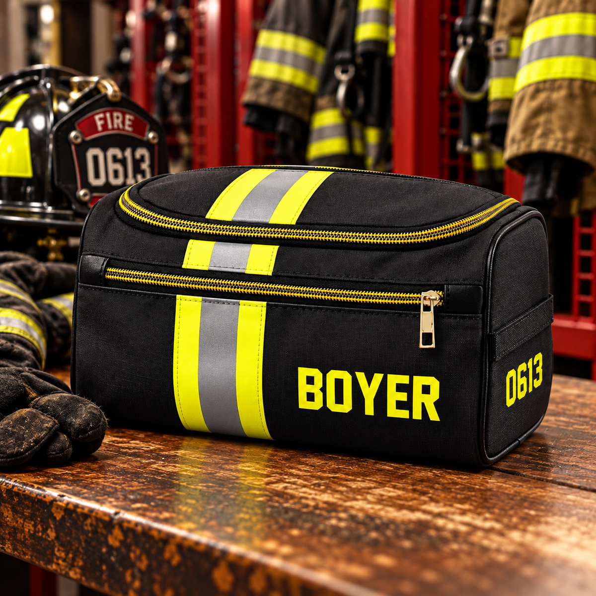 Personalized Firefighter Leather Toiletry Bag - Custom Name & Number