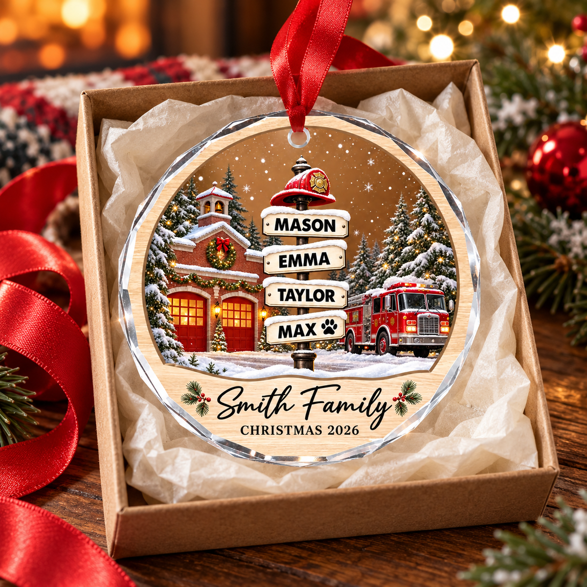 Firefighter Family Personalized Glass Christmas Ornament – Custom Names Fire Station Keepsake