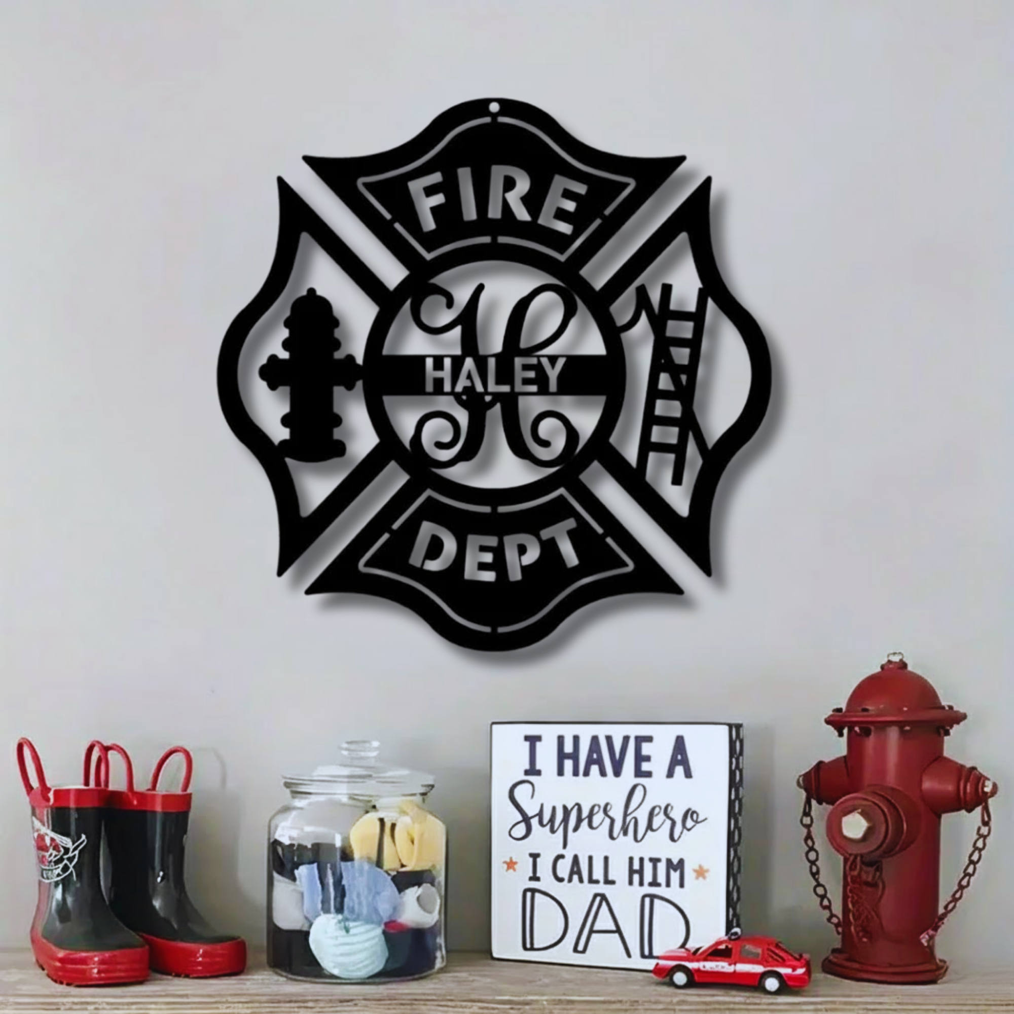 Ornate Maltese Cross Fire Badge Custom Name Metal Sign - Personalized Wall Art