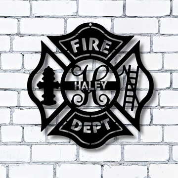 Ornate Maltese Cross Fire Badge Custom Name Metal Sign - Personalized Wall Art