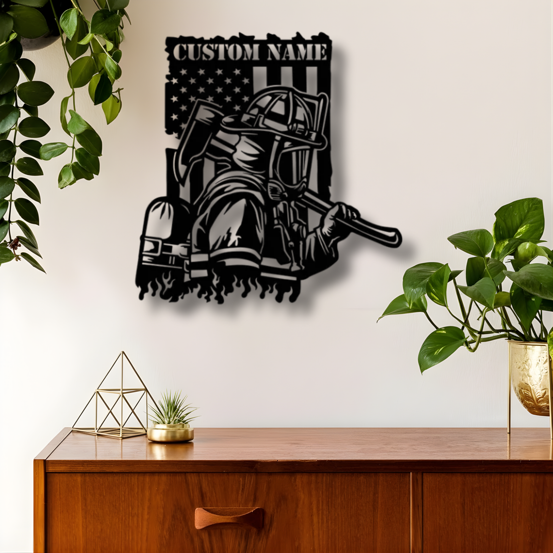 Custom Firefighter Metal Sign with Name - Personalized Fireman American Flag Wall Art