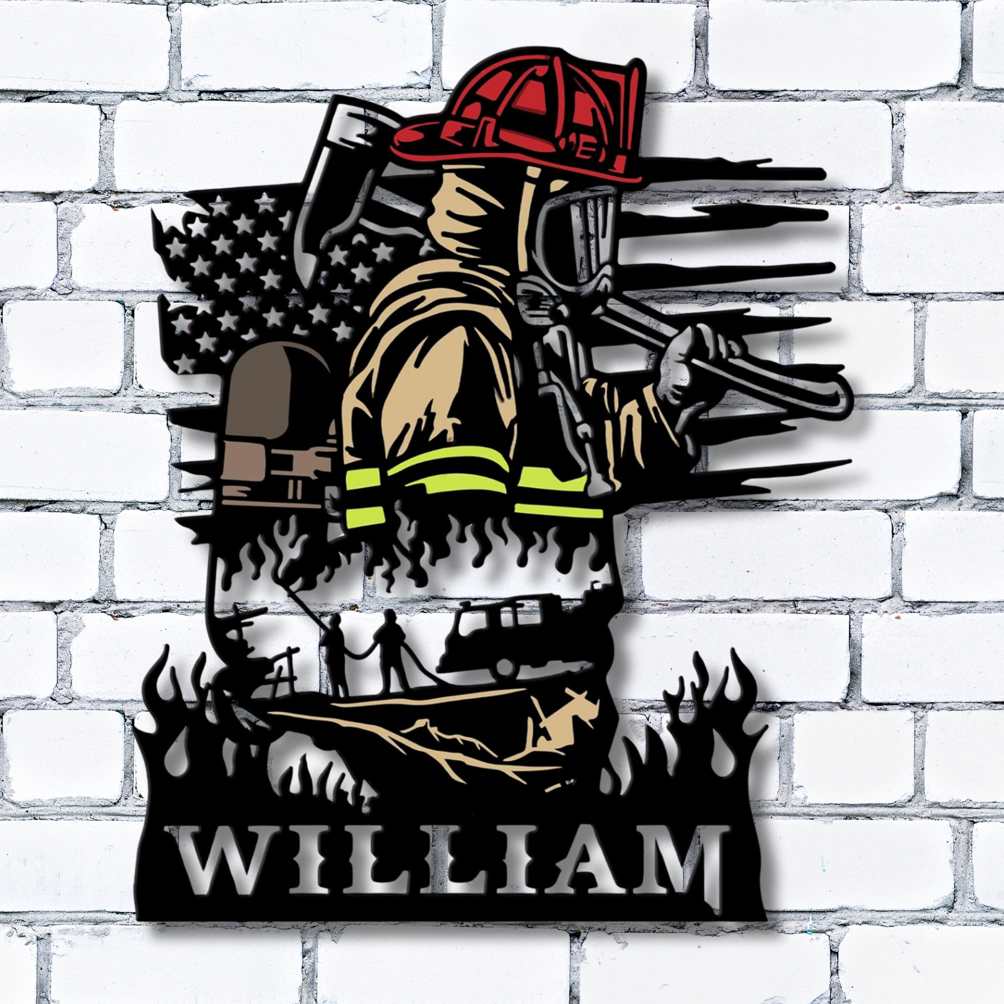 Feuerwehrmaske mit gekreuzten Äxten – Individuelles Namensschild aus Metall – Personalisierte Wanddekoration
