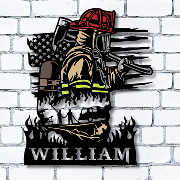 Feuerwehrmaske mit gekreuzten Äxten – Individuelles Namensschild aus Metall – Personalisierte Wanddekoration