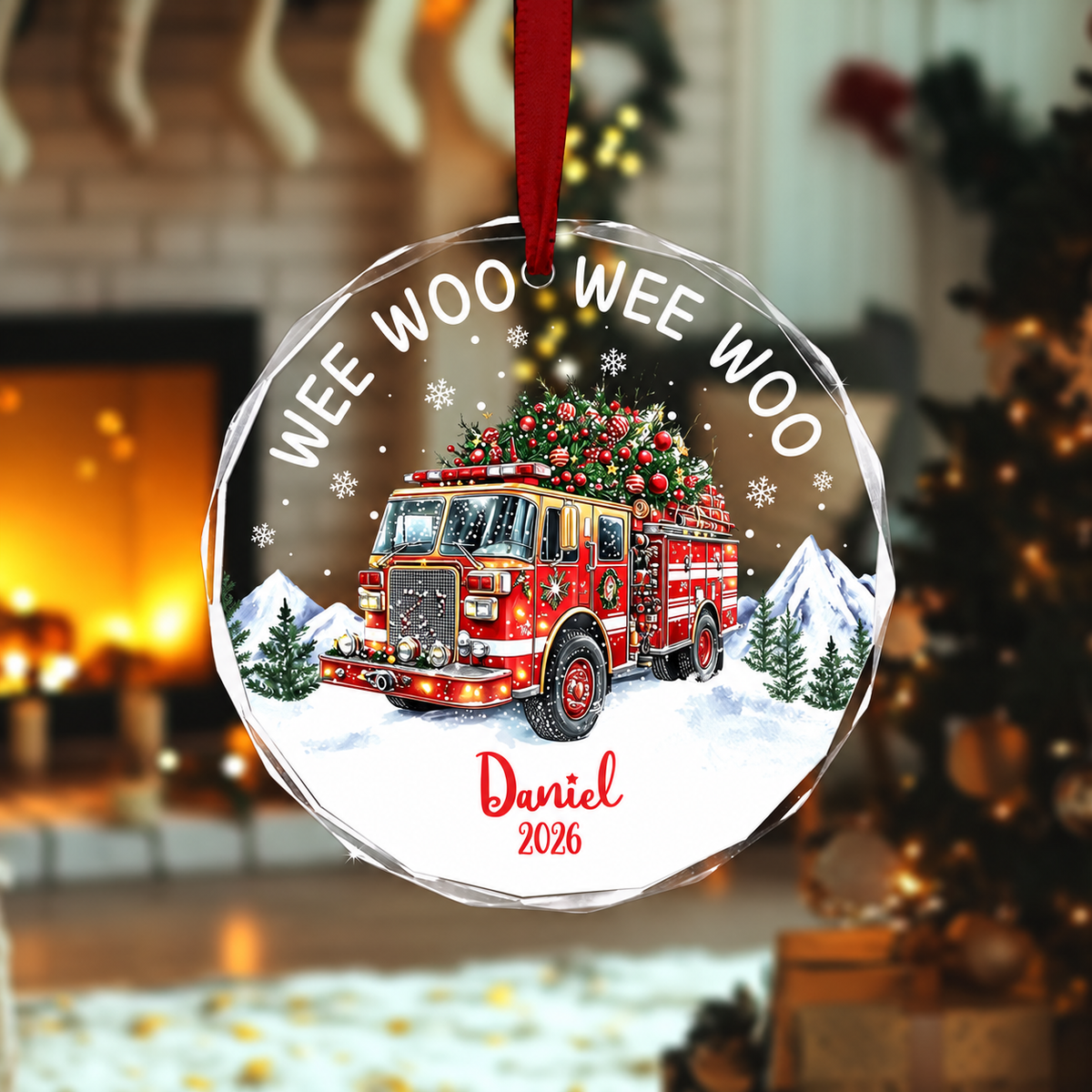 We Woo Fire Truck Christmas Ornament - Personalized Firefighter Christmas Ornament