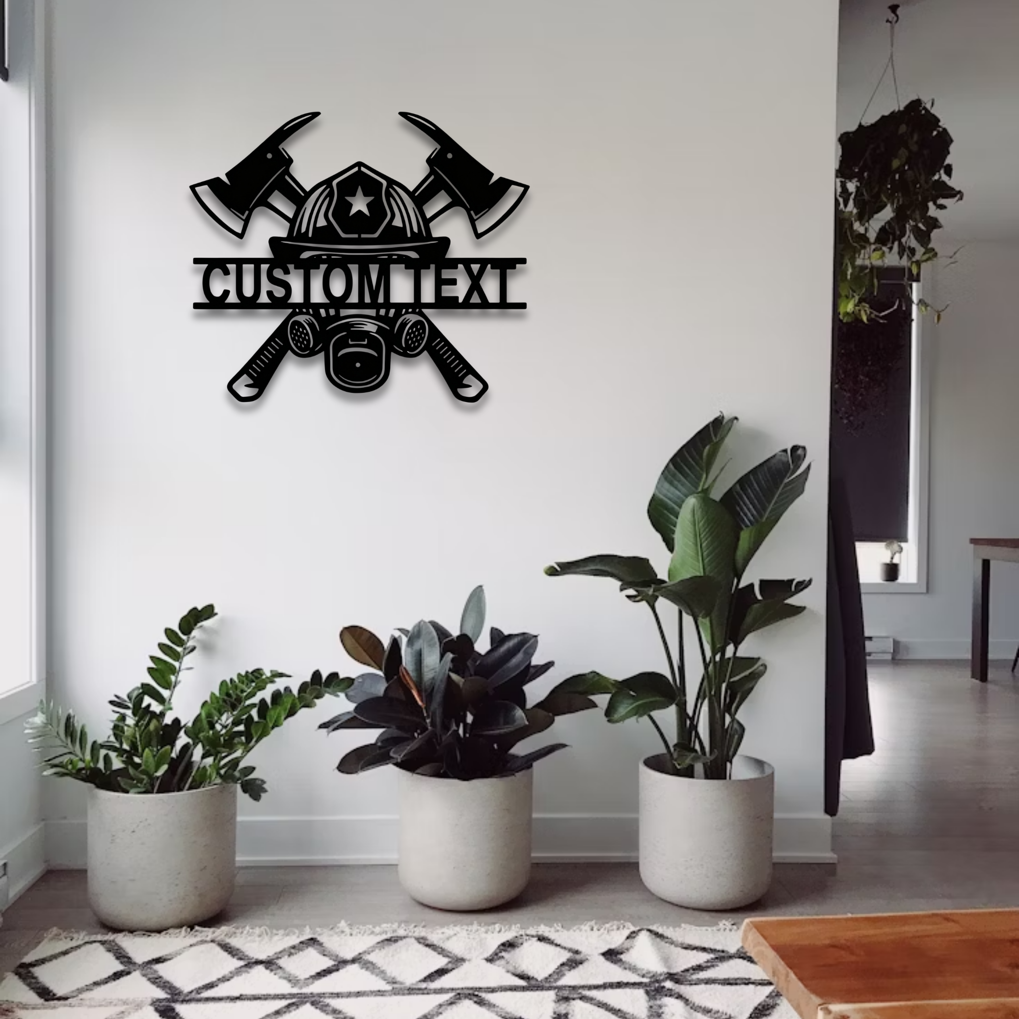 Plaque métallique personnalisée avec masque de pompier et haches croisées - Décoration murale personnalisée