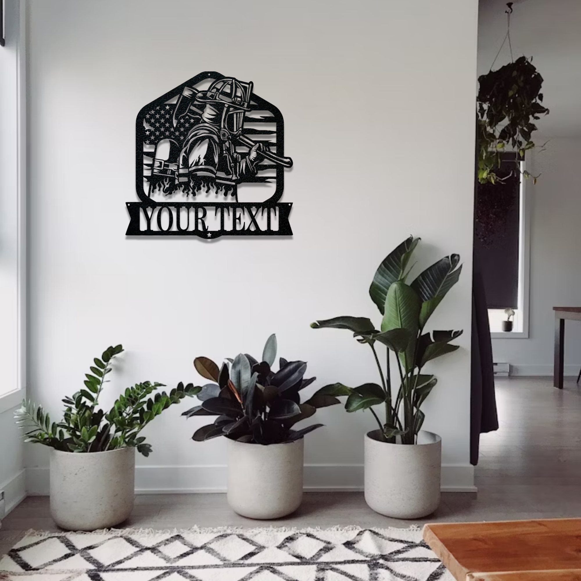 Standing Firefighter With Axe Custom Name Metal Sign - Personalized Fire Department Wall Art