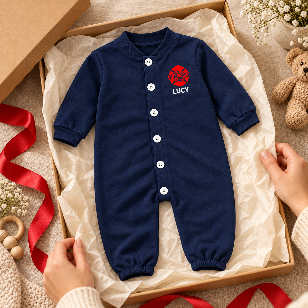 Firefighter Long-Sleeve Baby Romper with Maltese Cross - Custom Name Front & Optional Back