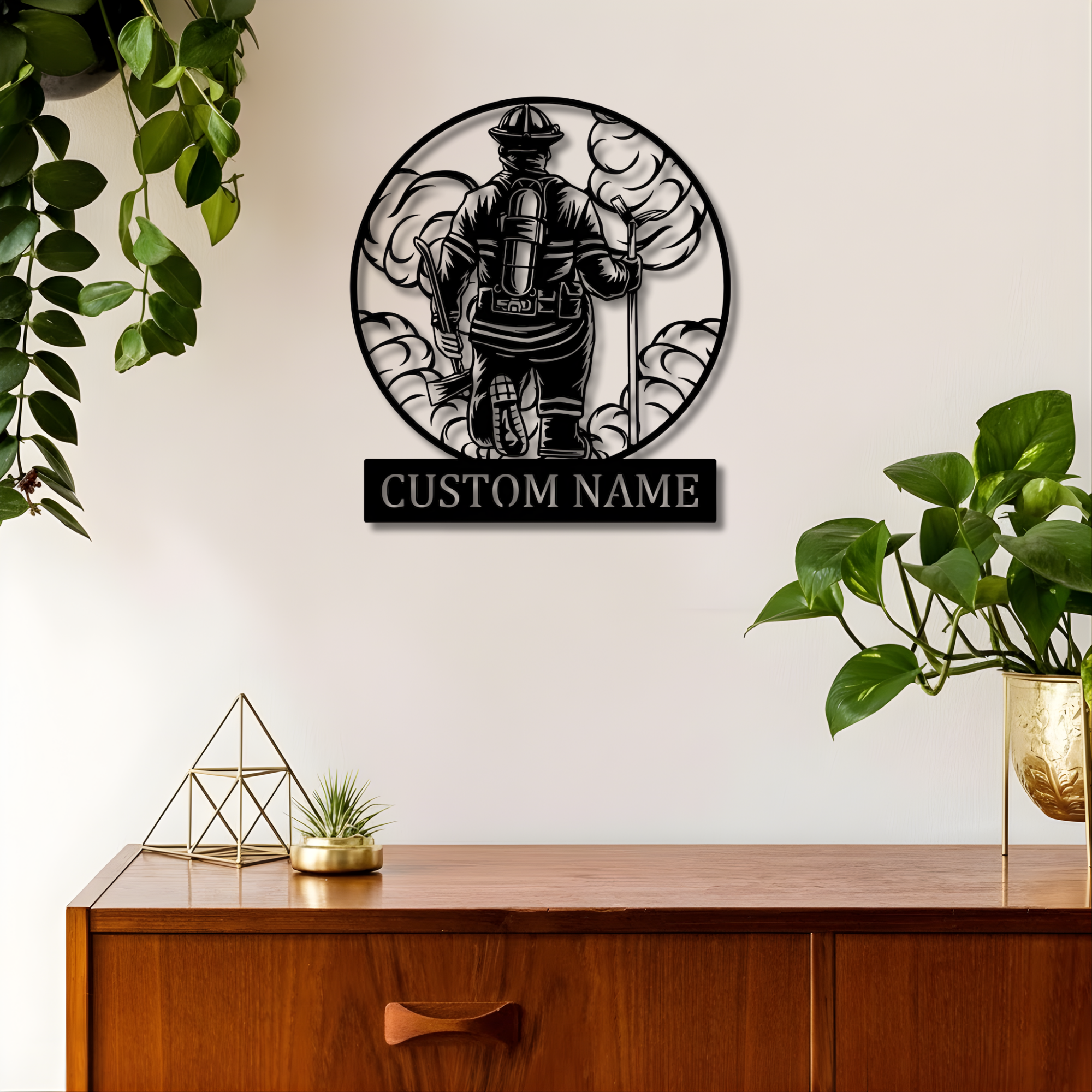 Personalized Firefighter Metal Sign - Custom Name Wall Art - Male Female Firefighter Silhouette Decor