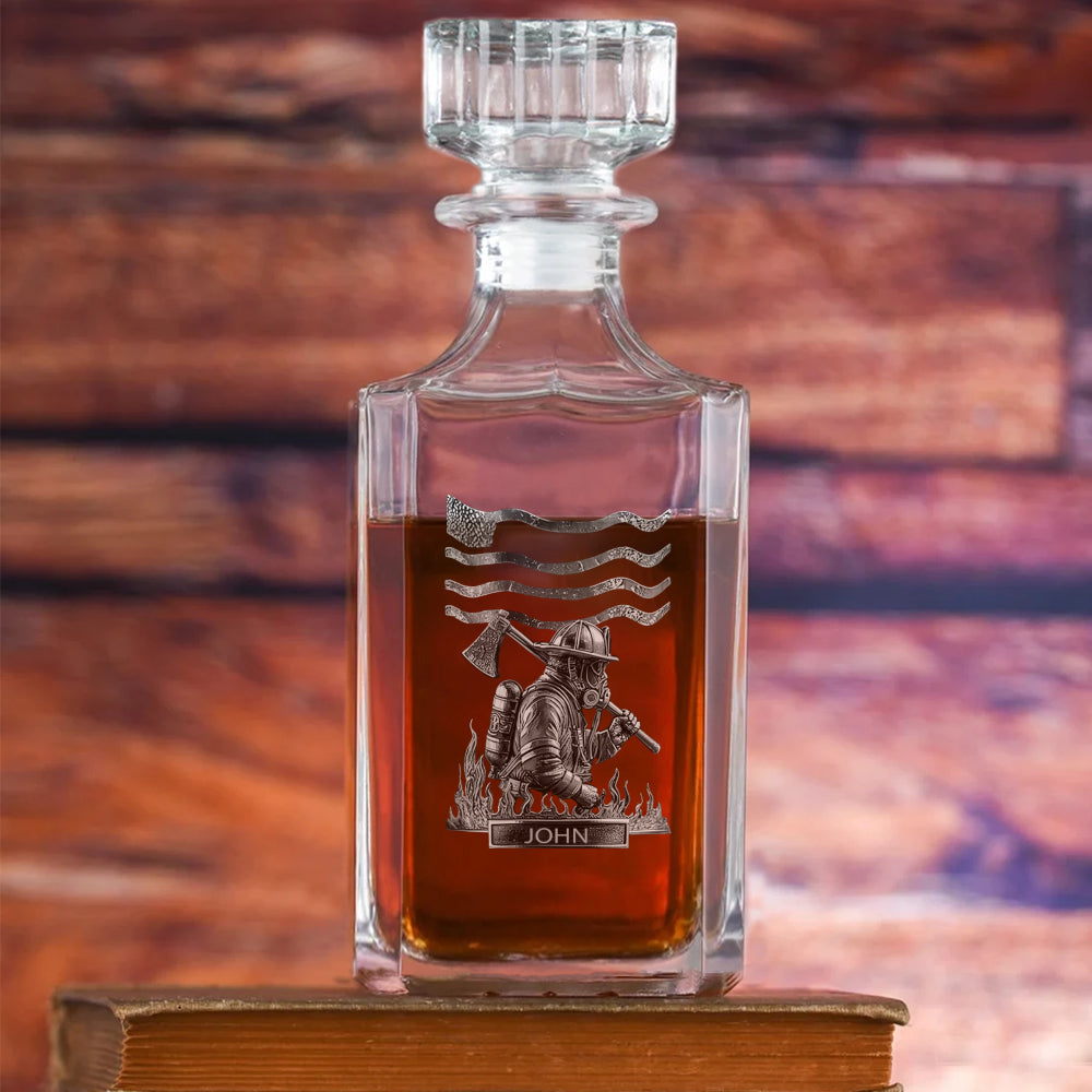 Personalized Firefighter Whiskey Decanter 26oz - Custom Name Engraved Crystal Bottle 2-Side Print