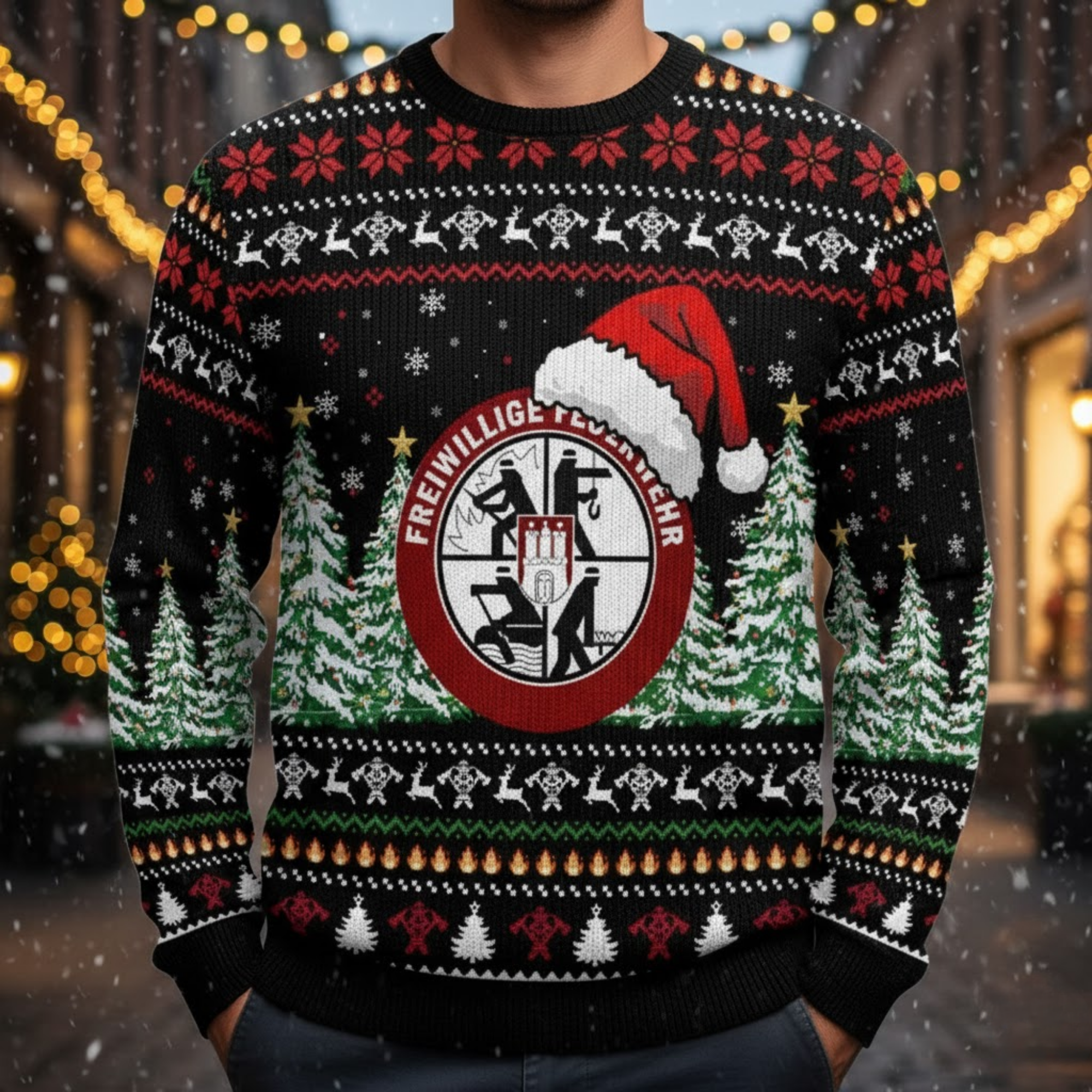 Freiwillige Feuerwehr Weihnachtspullover - Rot Ugly Christmas Sweater mit Weihnachtsmann Mütze