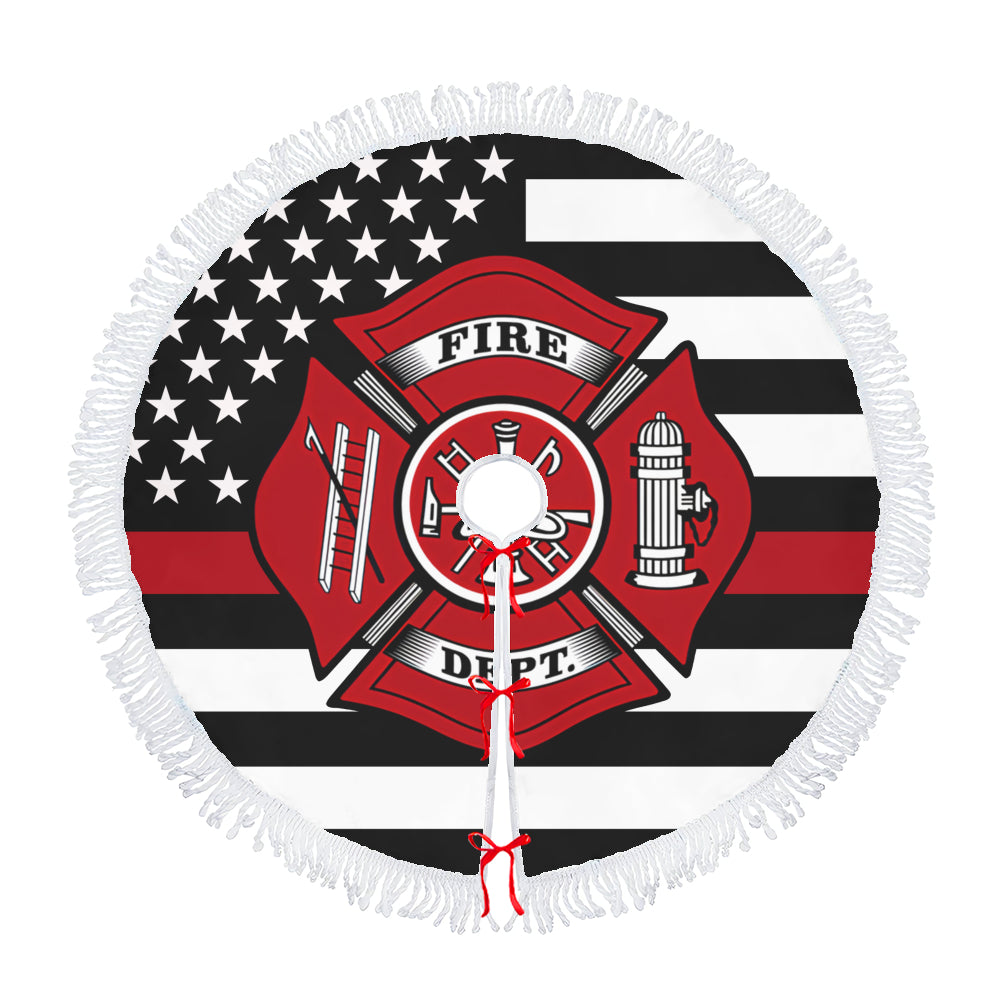 Firefighter Thin Red Line Christmas Tree Skirt – Premium with Tassel Fringe