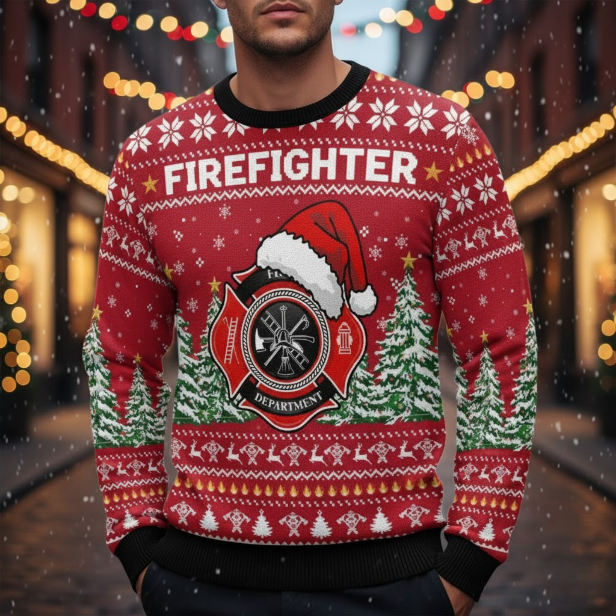 Firefighter Christmas Ugly Sweater - Santa Hat Fire Department Unisex Holiday Pullover