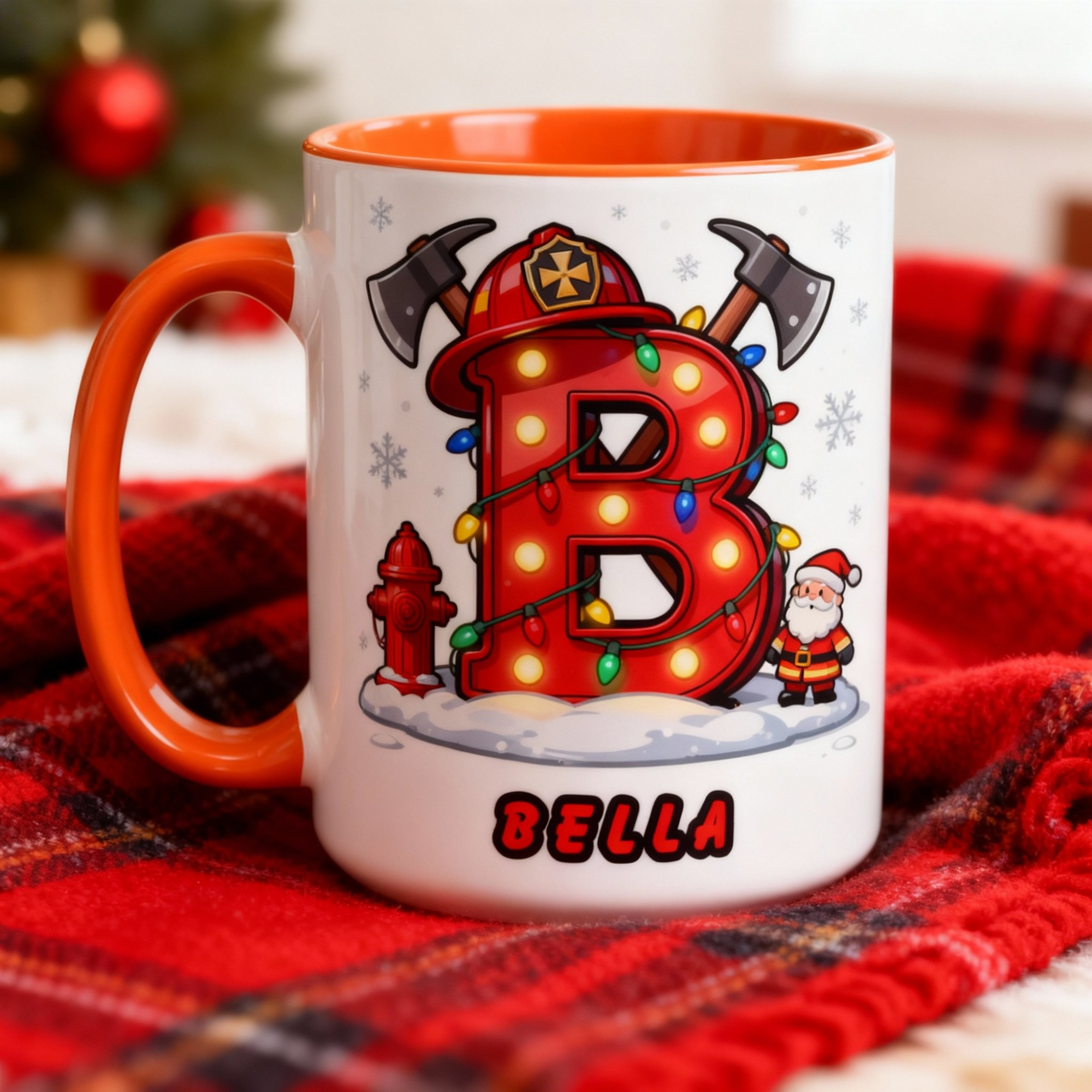 Personalisierte Feuerwehr-Weihnachtstasse – Name und Buchstabe 
