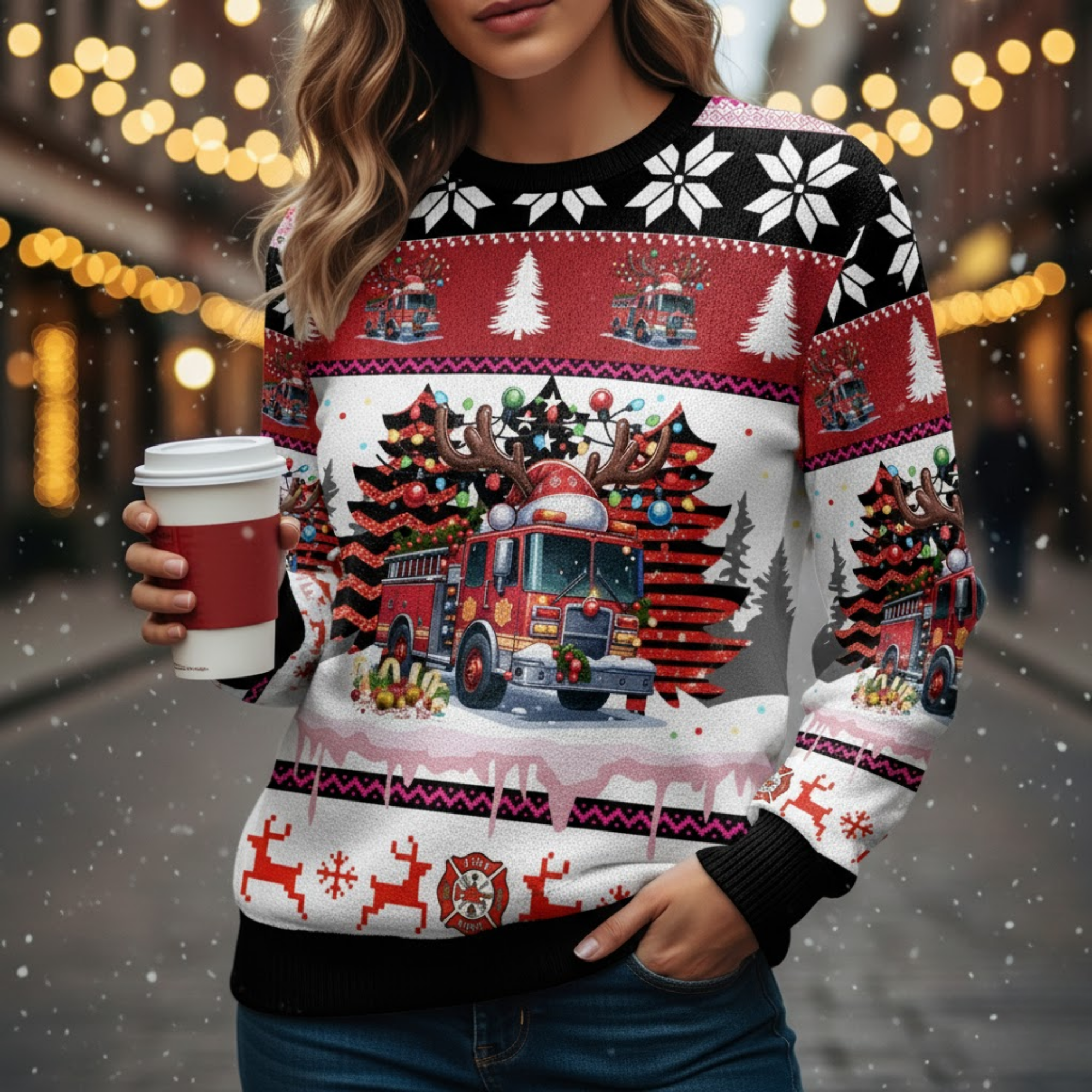 Fire Truck Christmas Wool Ugly Sweater - Firefighter Holiday Knit Crewneck with Reindeer and Tree Pattern
