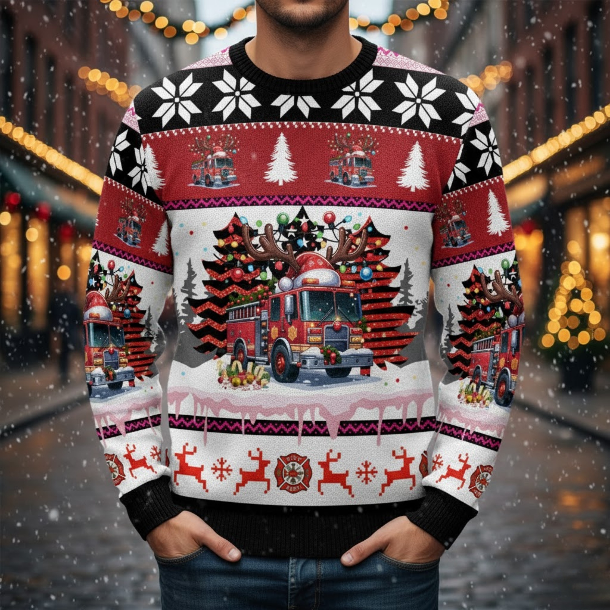 Fire Truck Christmas Wool Ugly Sweater - Firefighter Holiday Knit Crewneck with Reindeer and Tree Pattern