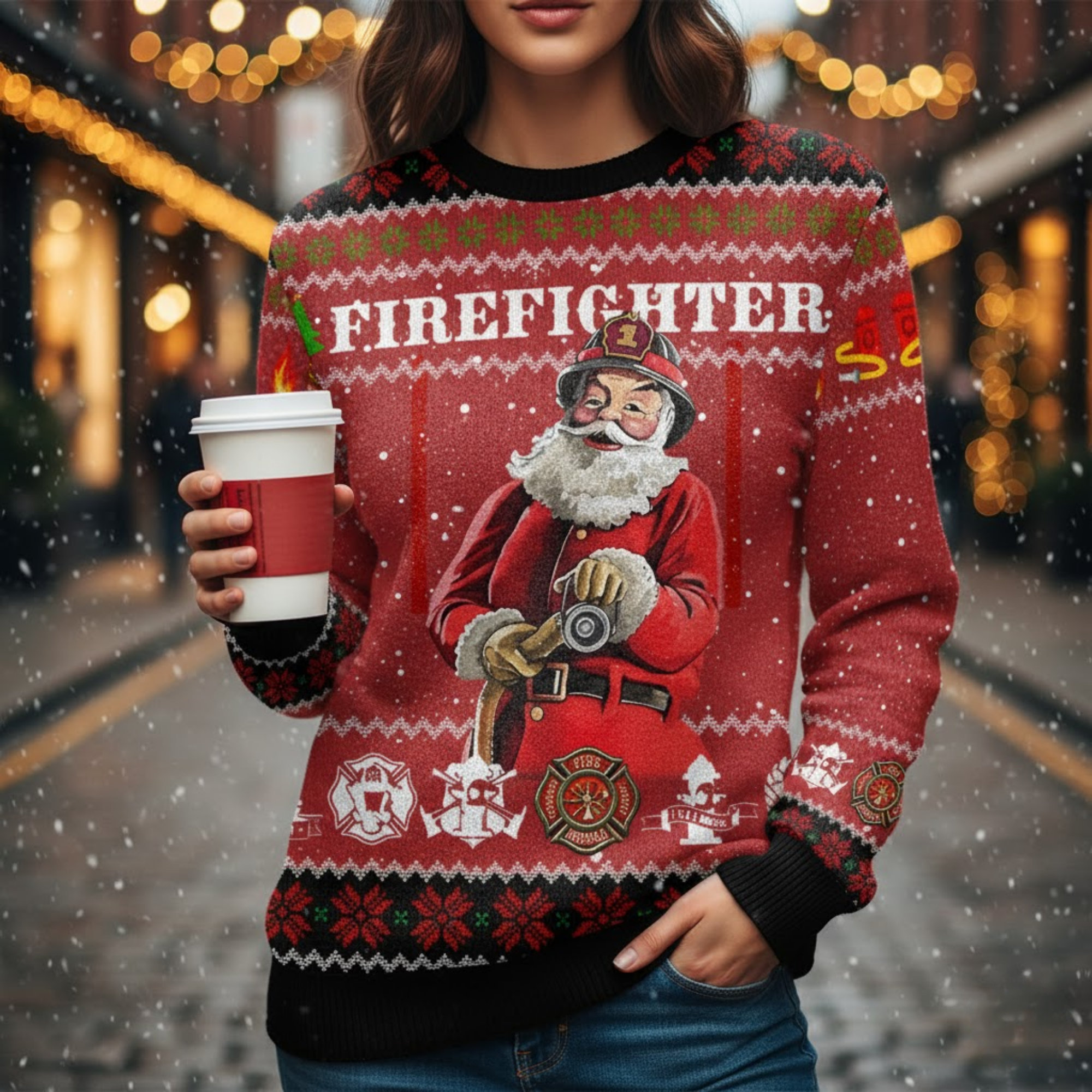 Firefighter Santa Ugly Christmas Sweater - Merry Christmas