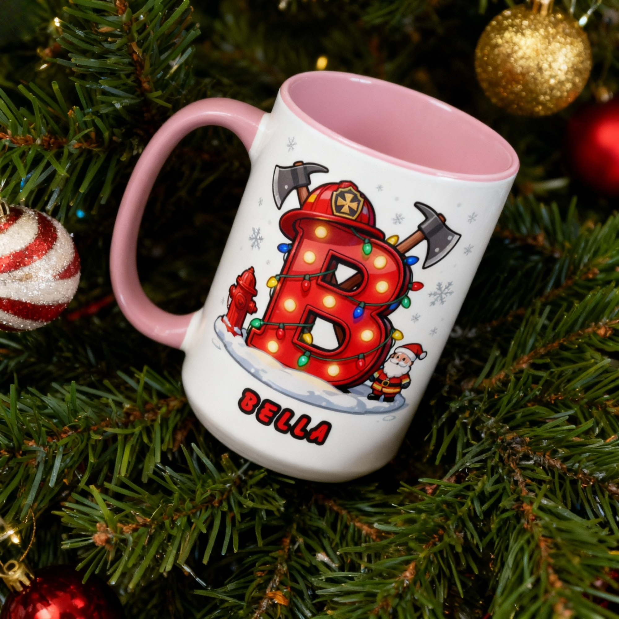 Personalisierte Feuerwehr-Weihnachtstasse – Name und Buchstabe 