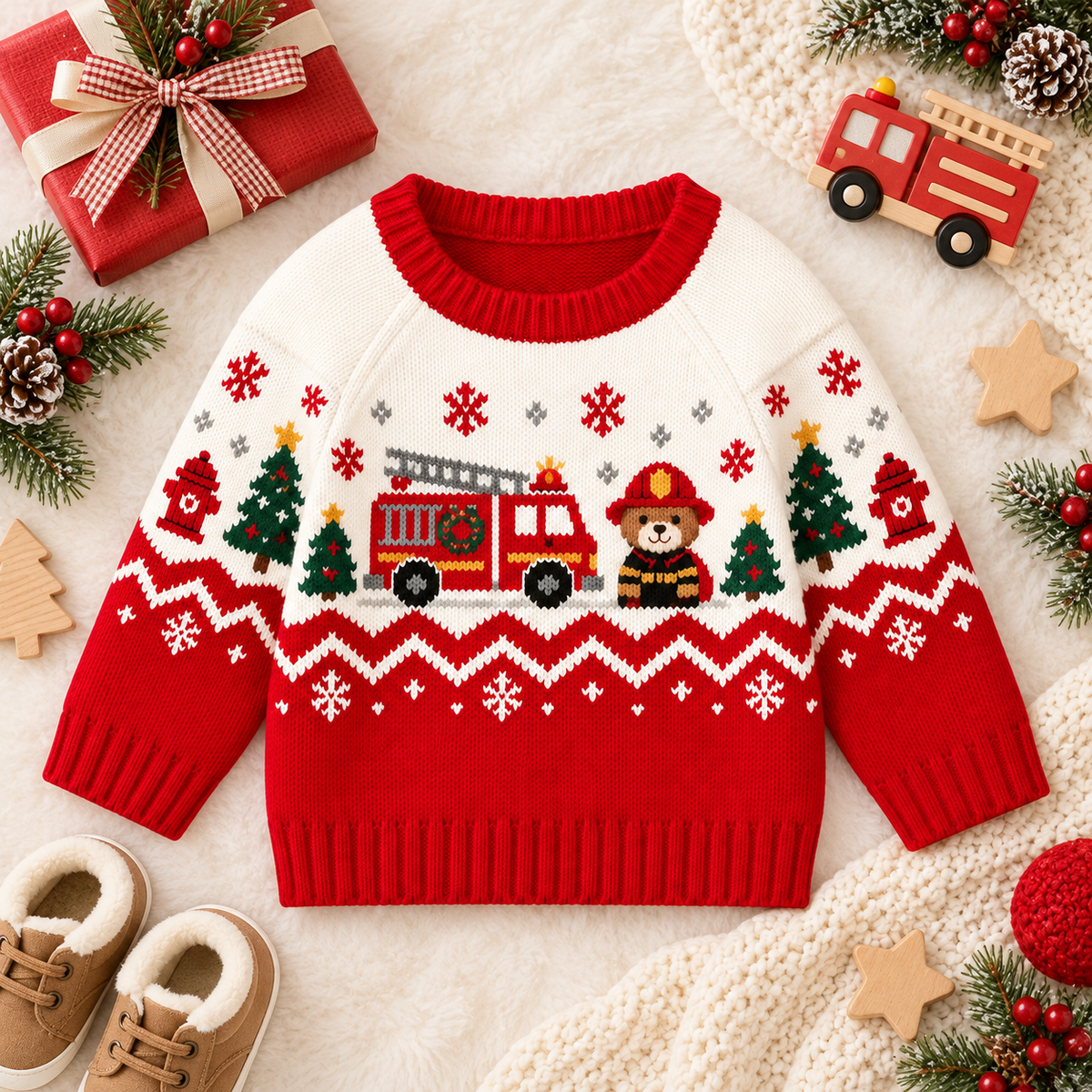 Baby Firefighter Bear Christmas Sweater – Firefighter Fair Isle Knit Pullover for Boys & Girls